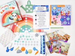 picture of weather theme activities, weather game, weather counters,  weather sensory tubes, weather book, and weather sequencing cards
